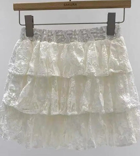 Vintage Sweet Beige Kawaii Fluffy Short Skirt Women Black Elegant High Waist A-line Lace Cake Mini Skirts Summer Trend Romantic