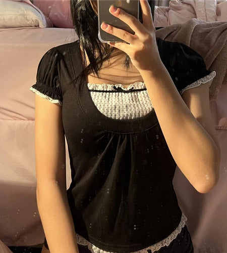 Vintage Polka Dot Print Crop Top Women Kawaii Folds Bow Patchwork Basic y2k T Shirts Korean Style Fairycore Clothes