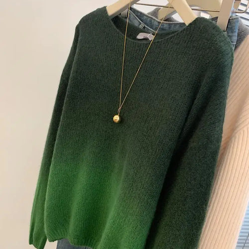 Load image into Gallery viewer, Autumn Winter Green Gradient Elegant Short Sweater Women Korean Fashion Elegent O-neck Long Sleeve Festival Knit Pullover Tops
