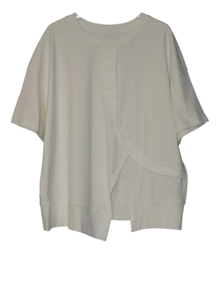 Women Black Hem Slit Irregular Big Size T-shirt New Round Neck Short Sleeve Fashion Tide Spring Summer 2025 1DJ0408