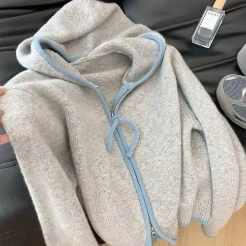 Load image into Gallery viewer, Korean Style Women Grey Blue Patchwork Elegant Long Sleeve Office Knitted Tops Autumn Winter Hooded Zipper Sweater 2024 Popular

