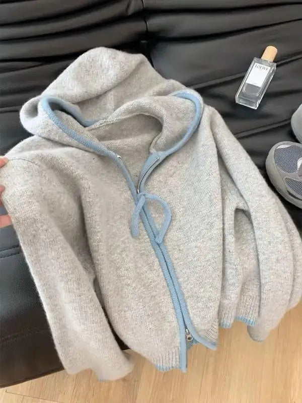 Korean Style Women Grey Blue Patchwork Elegant Long Sleeve Office Knitted Tops Autumn Winter Hooded Zipper Sweater 2024 Popular