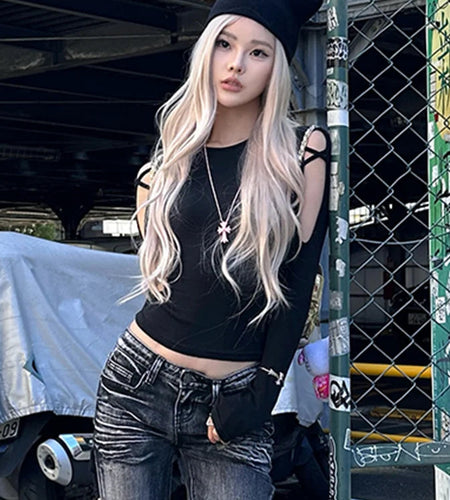 Crop Tops Tshirts for Women O-neck Long Sleeve Black Tees Fashion Casual Korean Camisetas Y2k Top Hollow Out Sexy Summer T-shirt