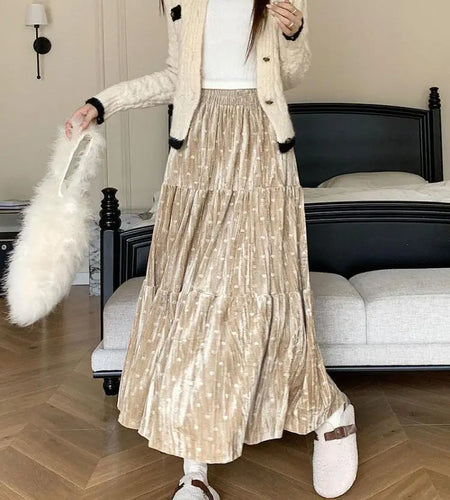 Vintage Black Heart Dot Skirt Women Fall Winter 2023 New Beige High Waist A Line Velvet Long Skirt Office Elegant Brown Skirts
