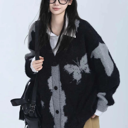 Load image into Gallery viewer, Y2k Aesthetic Butterfly Jacquard Knitted Cardigan Women Vintage Single Breasted Jacket Harajuku Loose Sweater Coat Streetwear
