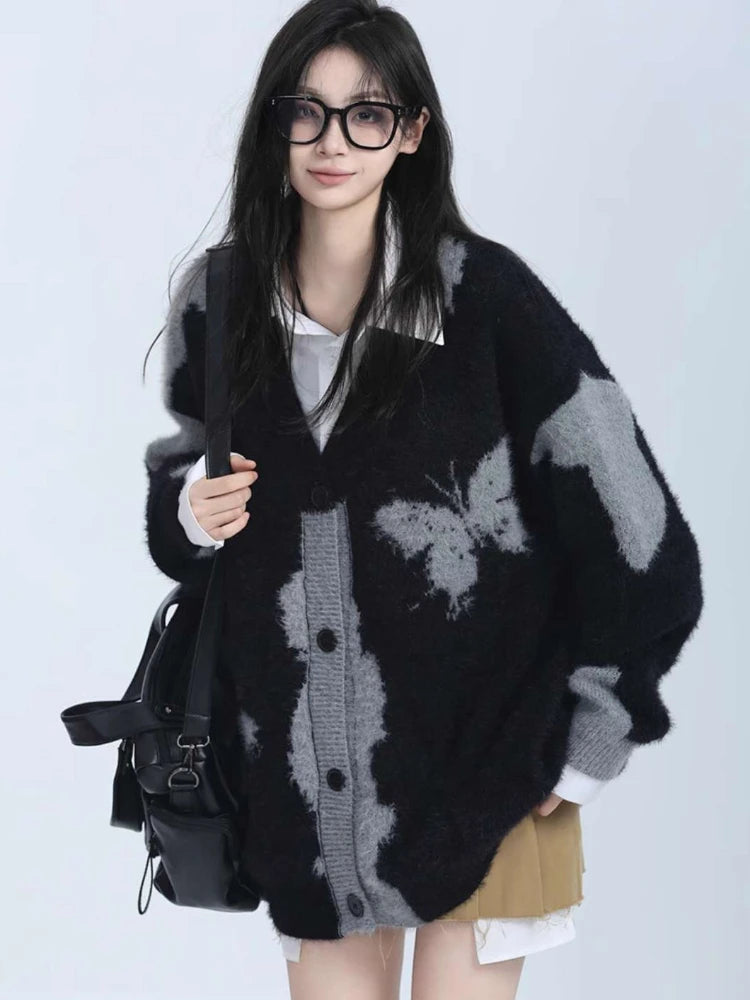 Y2k Aesthetic Butterfly Jacquard Knitted Cardigan Women Vintage Single Breasted Jacket Harajuku Loose Sweater Coat Streetwear