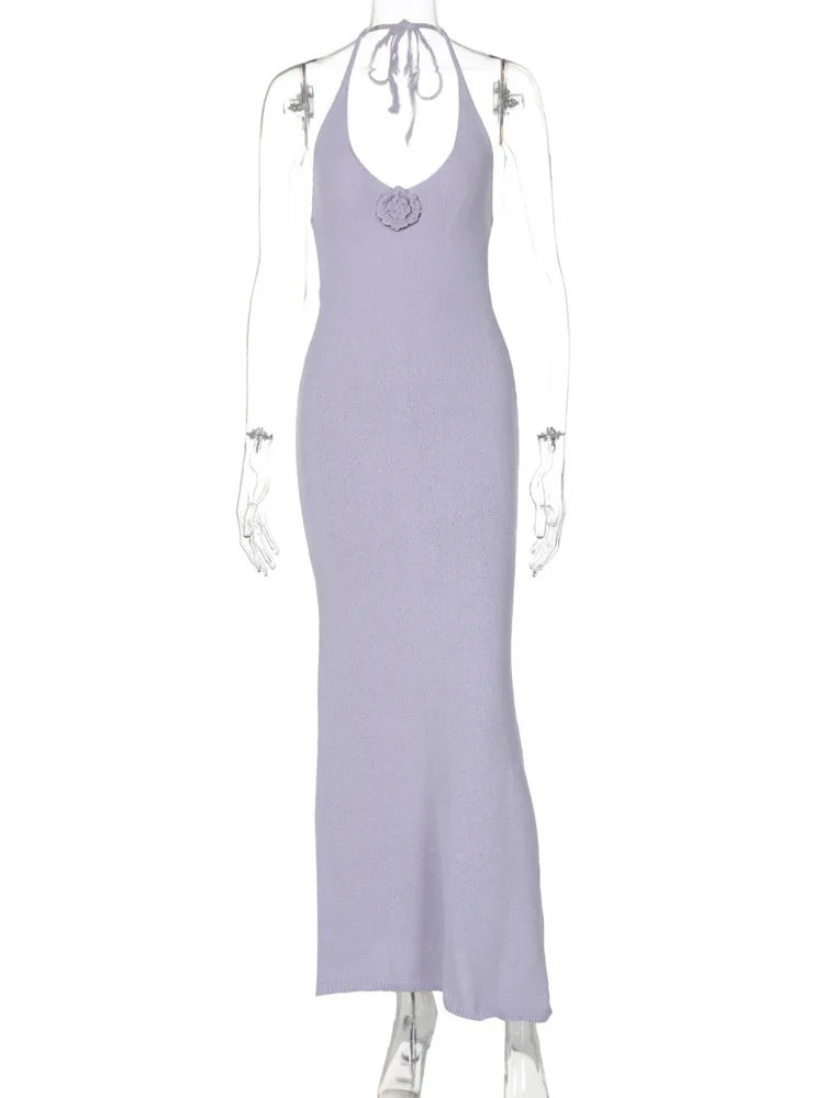 Halter V Neck Floral Sexy Maxi Dress For Women Elegant Spaghetti Strap Sleeveless Backless Bodycon Long Knit Dress