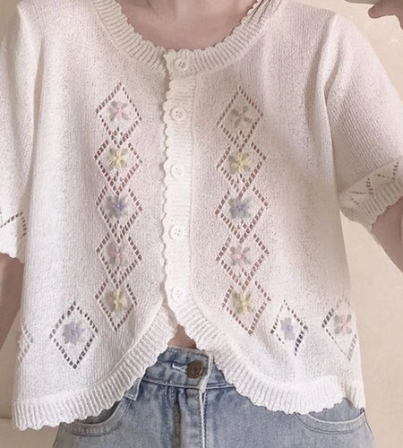 Kawaii Cute Floral Embroidery  Cardigan Women Thin Hollow Out Knitted Cardigans 2025 Summer Sweet O-neck Sweater Loose Tops