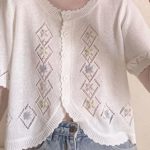 Load image into Gallery viewer, Kawaii Cute Floral Embroidery  Cardigan Women Thin Hollow Out Knitted Cardigans 2025 Summer Sweet O-neck Sweater Loose Tops
