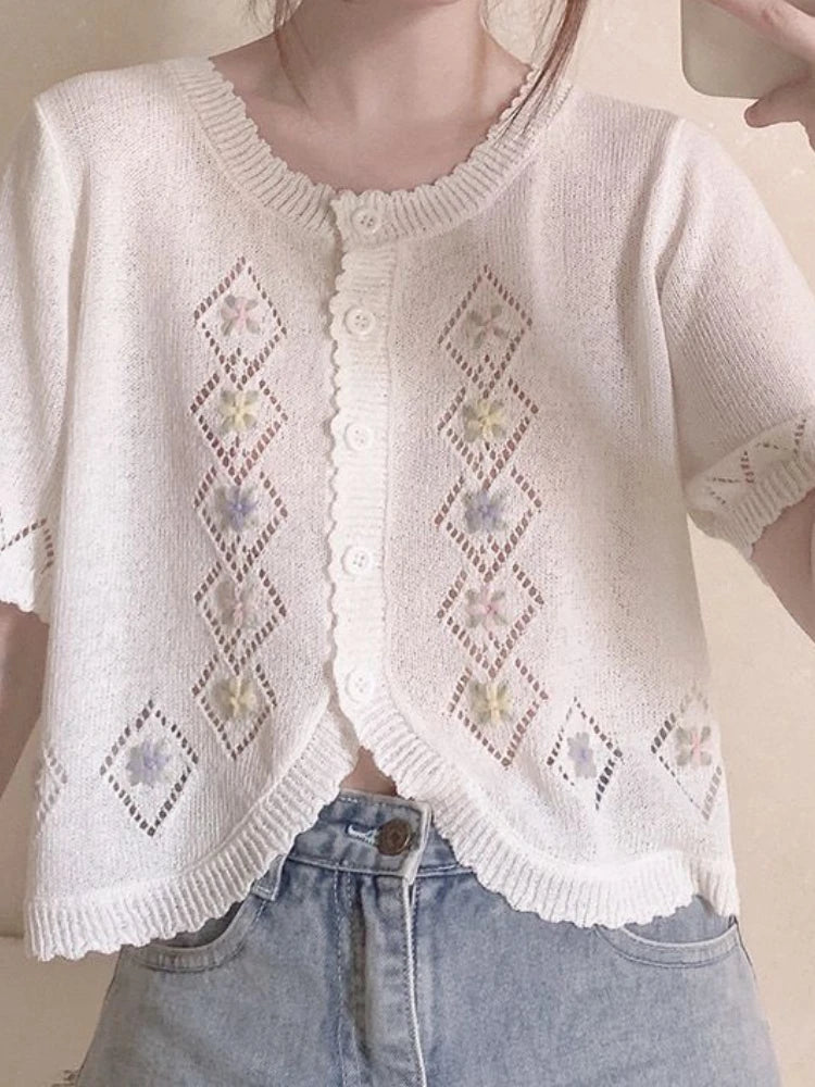Kawaii Cute Floral Embroidery  Cardigan Women Thin Hollow Out Knitted Cardigans 2025 Summer Sweet O-neck Sweater Loose Tops