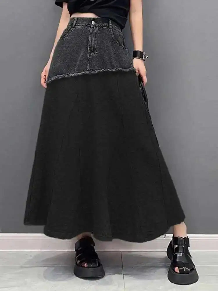 High Waist Black Gray Denim Color-block Midi A-line Half-body Skirt Women Fashion Tide New Spring Autumn 2025 1DH5217