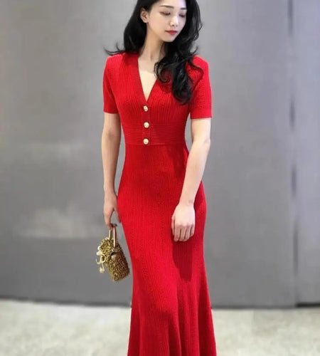 Fashion Women Solid V Neck Single Breasted Hollowed Out Knitted Dress Spring Summer Short Sleeves Festival Fishtail Long Dresses