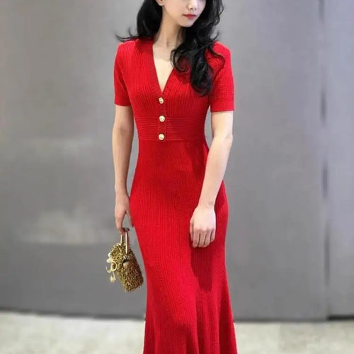 Load image into Gallery viewer, Fashion Women Solid V Neck Single Breasted Hollowed Out Knitted Dress Spring Summer Short Sleeves Festival Fishtail Long Dresses
