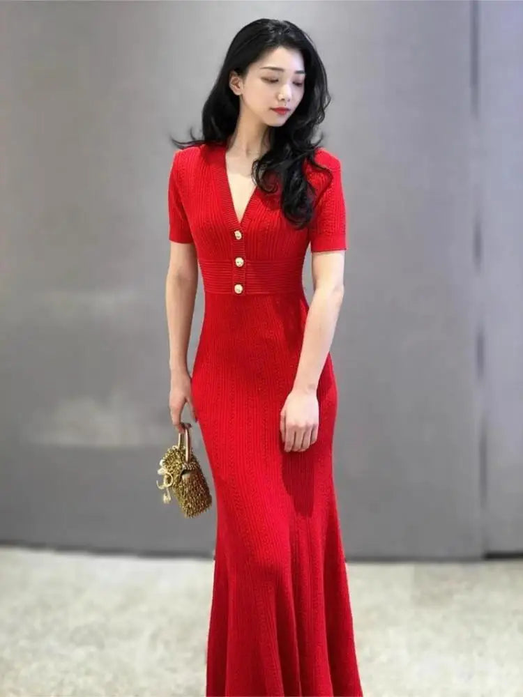 Fashion Women Solid V Neck Single Breasted Hollowed Out Knitted Dress Spring Summer Short Sleeves Festival Fishtail Long Dresses