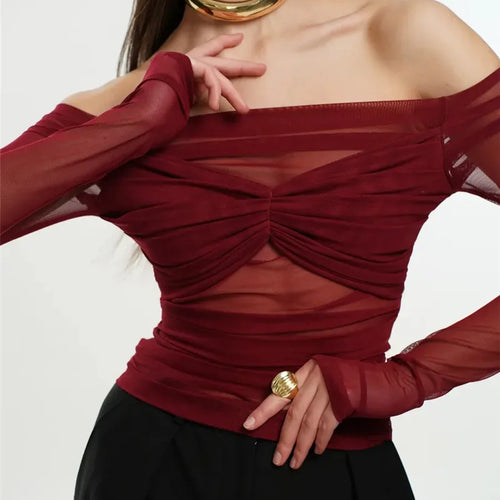 Load image into Gallery viewer, Summer Mesh Off-shoulder T-shirt Women Fashion Pleated Bust Backless Tees Tops Female Elegant Strapless See Through Top
