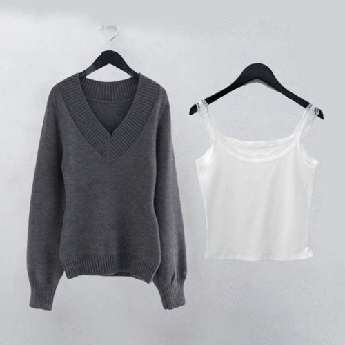 Load image into Gallery viewer, Y2k Aesthetic Two Pieces Set Women Harajuku Casual Loose Pullover Sweater + Fairy Lace Patchwork Vest Top Outfits 2025 Spring
