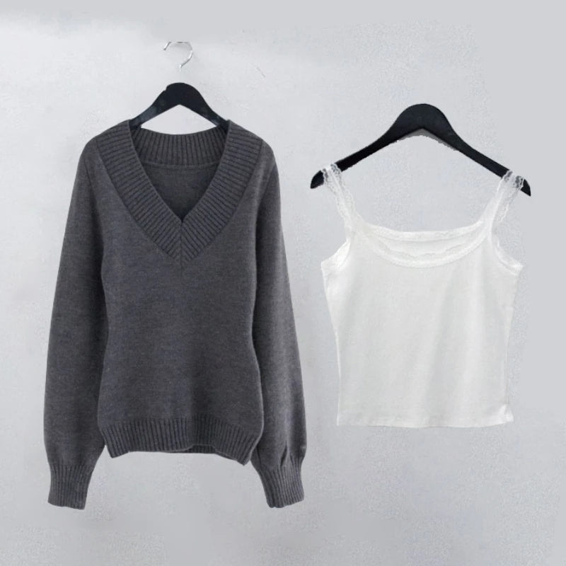 Y2k Aesthetic Two Pieces Set Women Harajuku Casual Loose Pullover Sweater + Fairy Lace Patchwork Vest Top Outfits 2025 Spring