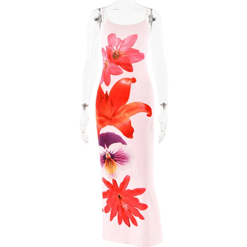 Floreal Print Long Dress For Women Gown Summer New Spaghetti Strap Sleeveless Backless Bodycon Sexy Midi Dress Elegant