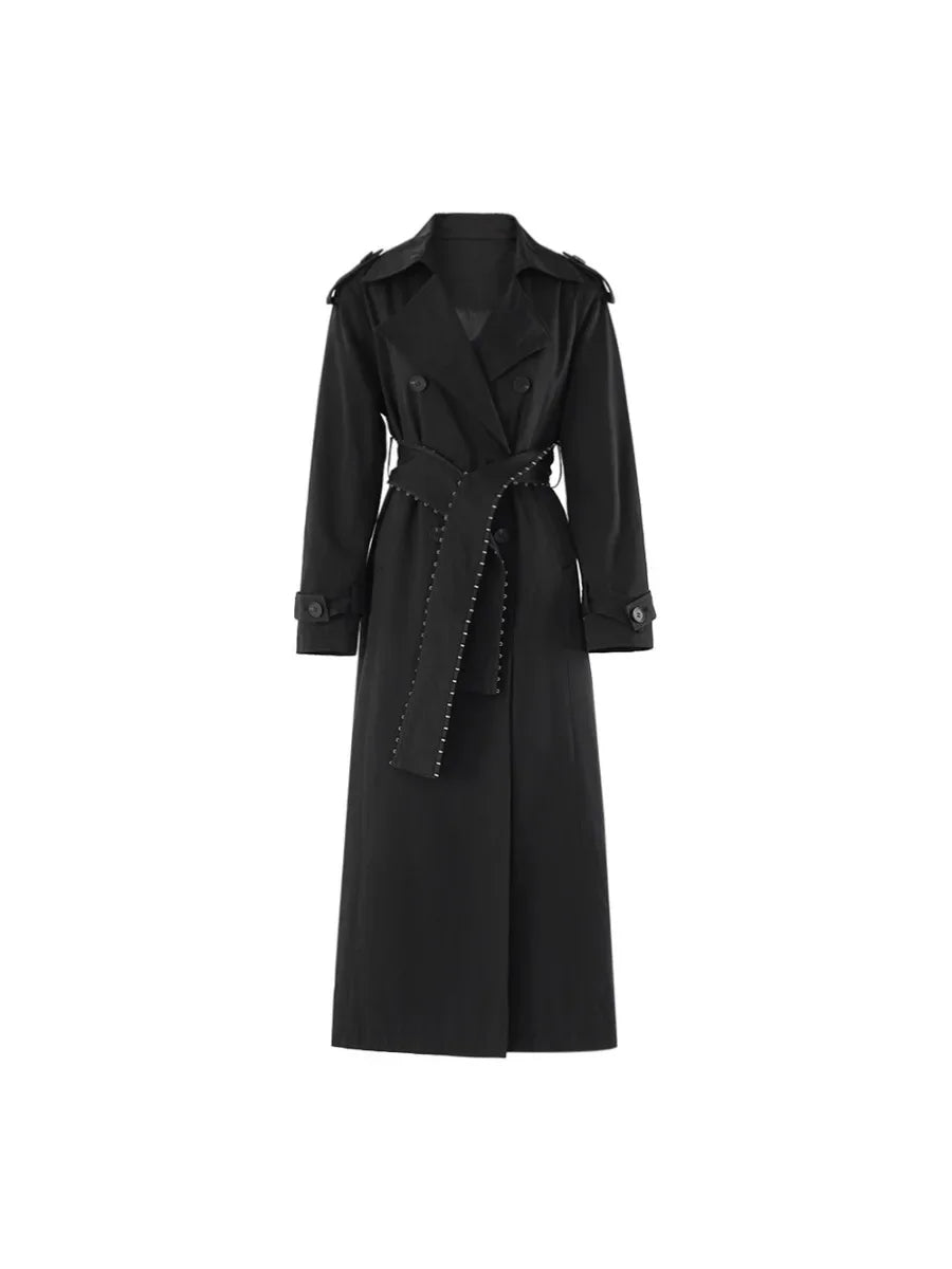 Solid Spliced Belt Trench for Women Lapel Long Sleeve High Waist Temperament Patchwpk Button Coat Female New