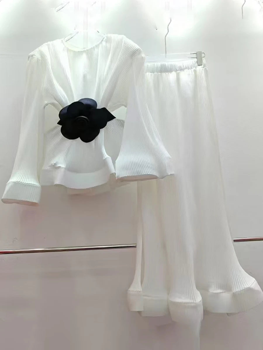 Hit Color Spliced Belt Two Piece Set For Women O Neck Long Sleeve Top High Wait Slimming Skirt Sets Female Fashion