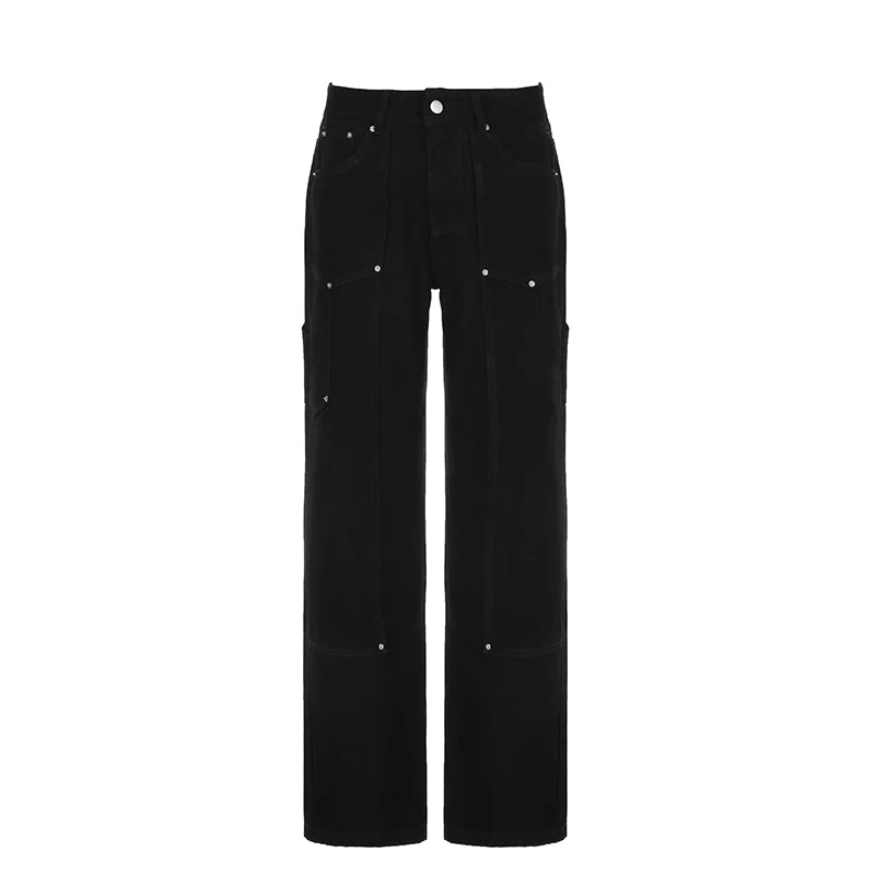 Harajuku Stitched Rivet Straight Leg Baggy Jeans for Women Casual Retro Basic Denim Trousers Street Style Pants Goth