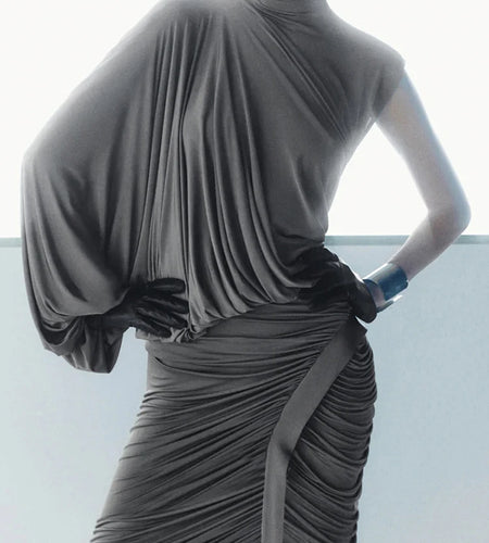 Summer Y2K Solid Style 2Piece Set Women Turtleneck Single Shoulder Sleeve Tops+Ruched Long Skirts Fashion Elegant Outfits