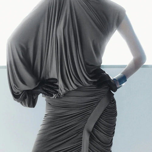 Load image into Gallery viewer, Summer Y2K Solid Style 2Piece Set Women Turtleneck Single Shoulder Sleeve Tops+Ruched Long Skirts Fashion Elegant Outfits
