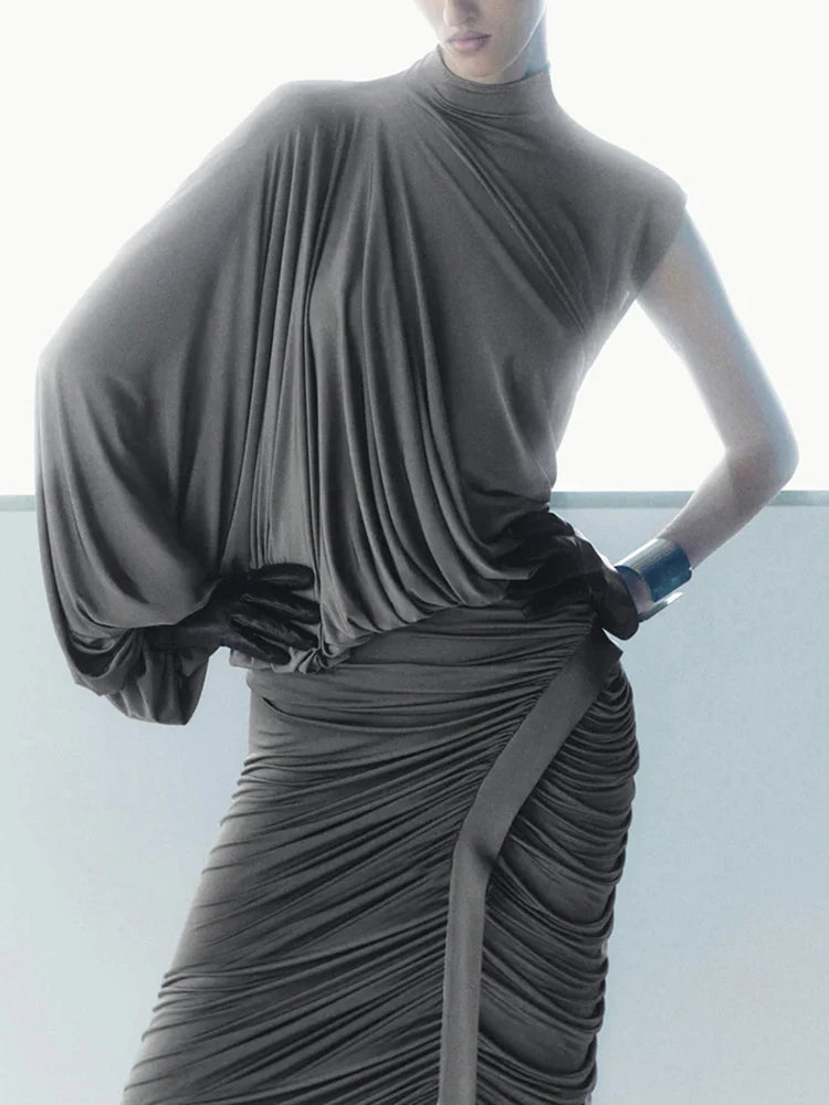 Summer Y2K Solid Style 2Piece Set Women Turtleneck Single Shoulder Sleeve Tops+Ruched Long Skirts Fashion Elegant Outfits