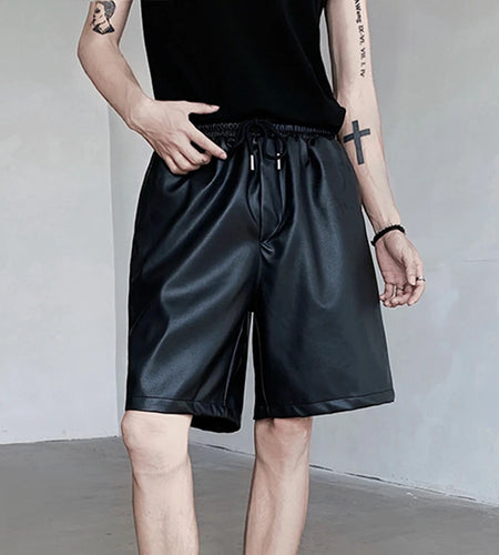 Men's Shorts 2024 Summer New American Concise Style PU Leather Chothing Loose Casual elastic waist Design Male Pants 9C5897