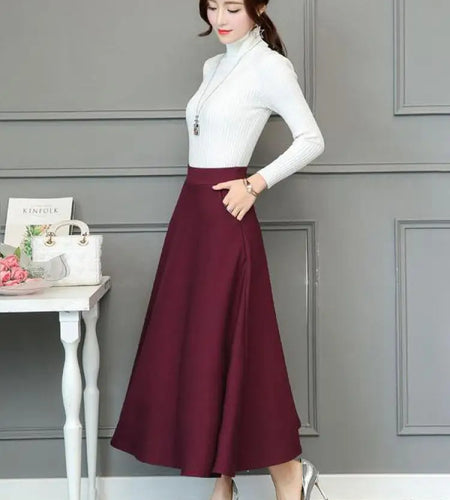 Black Elastic High Waist Pocket Long Skirt Women's Spring And Autumn Basic Casual Pleated Plus Size Slim Versatile Red Skirt