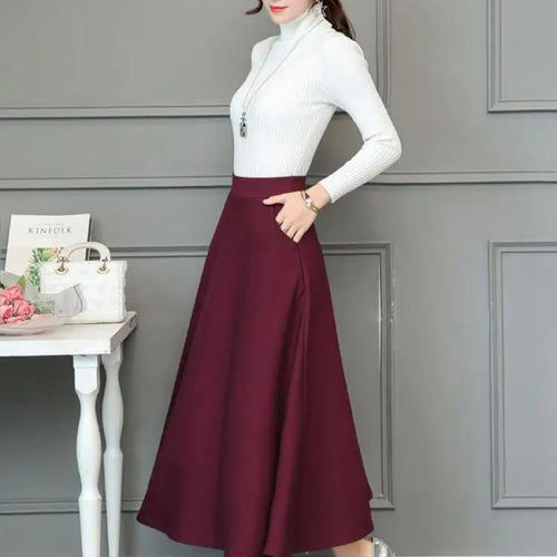 Load image into Gallery viewer, Black Elastic High Waist Pocket Long Skirt Women's Spring And Autumn Basic Casual Pleated Plus Size Slim Versatile Red Skirt
