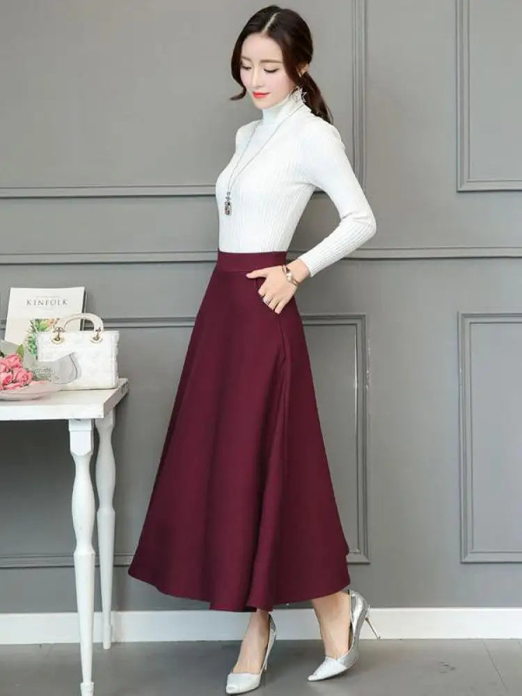 Black Elastic High Waist Pocket Long Skirt Women's Spring And Autumn Basic Casual Pleated Plus Size Slim Versatile Red Skirt