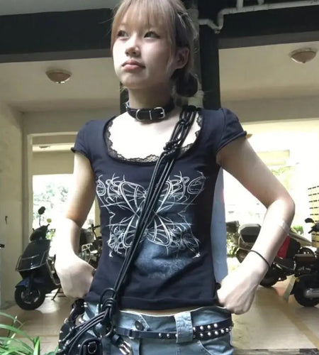 Y2k Shirts for Women Punk Chic Tshirts Long Sleeve O-neck Tunic Summer Tees 2023 Ropa Mujer Print Vintage Casual Sexy Crop Tops