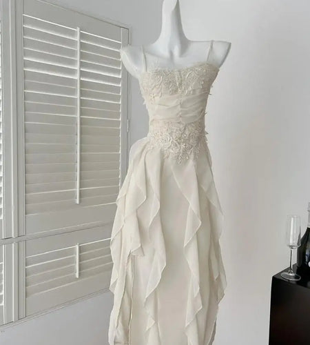 Summer French Vintage New Purple Elegant Slim Backless Party Dress Women Beige High Waist Sleeveless Ruffle Edge Slip Long Dress