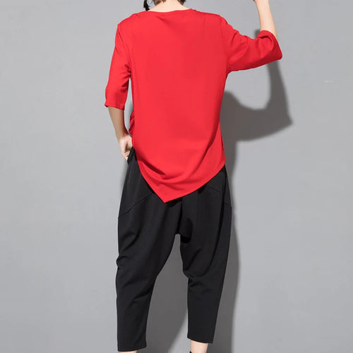 Load image into Gallery viewer, Women Black Irregular Pleated Big Size Casual T-shirt New Round Neck Half Sleeve Fashion Tide Spring Summer 2025 1DJ1831
