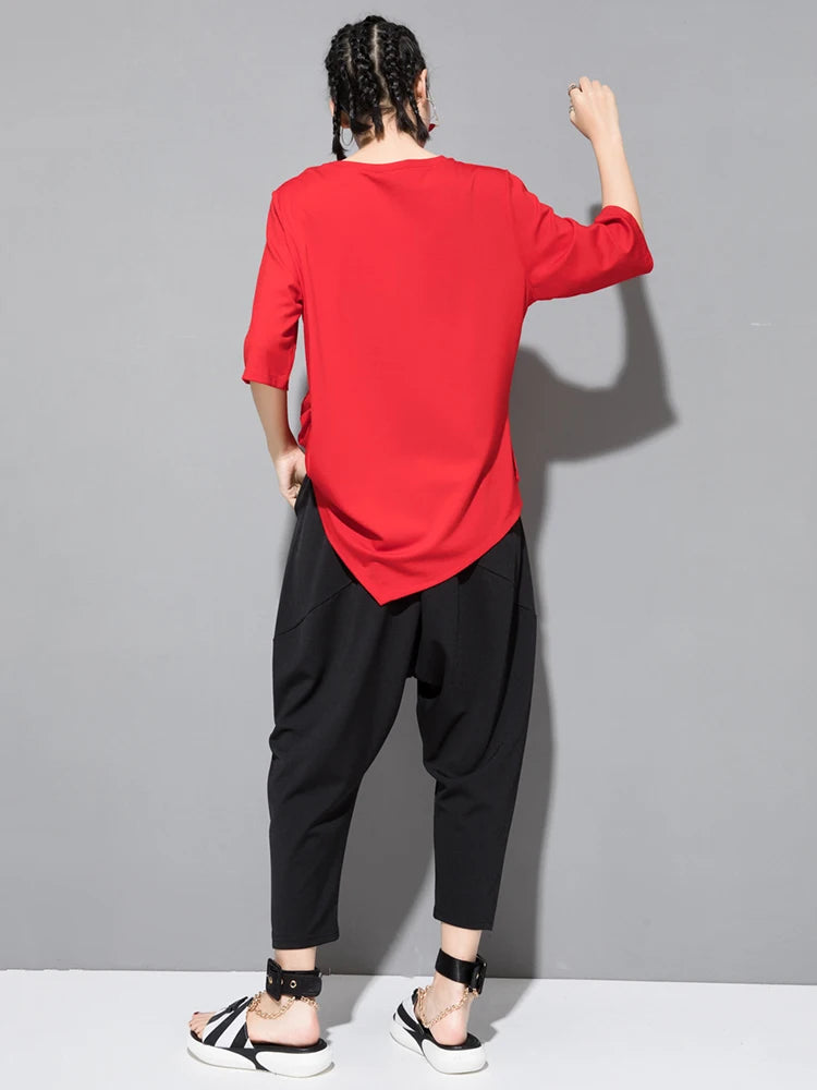 Women Black Irregular Pleated Big Size Casual T-shirt New Round Neck Half Sleeve Fashion Tide Spring Summer 2025 1DJ1831