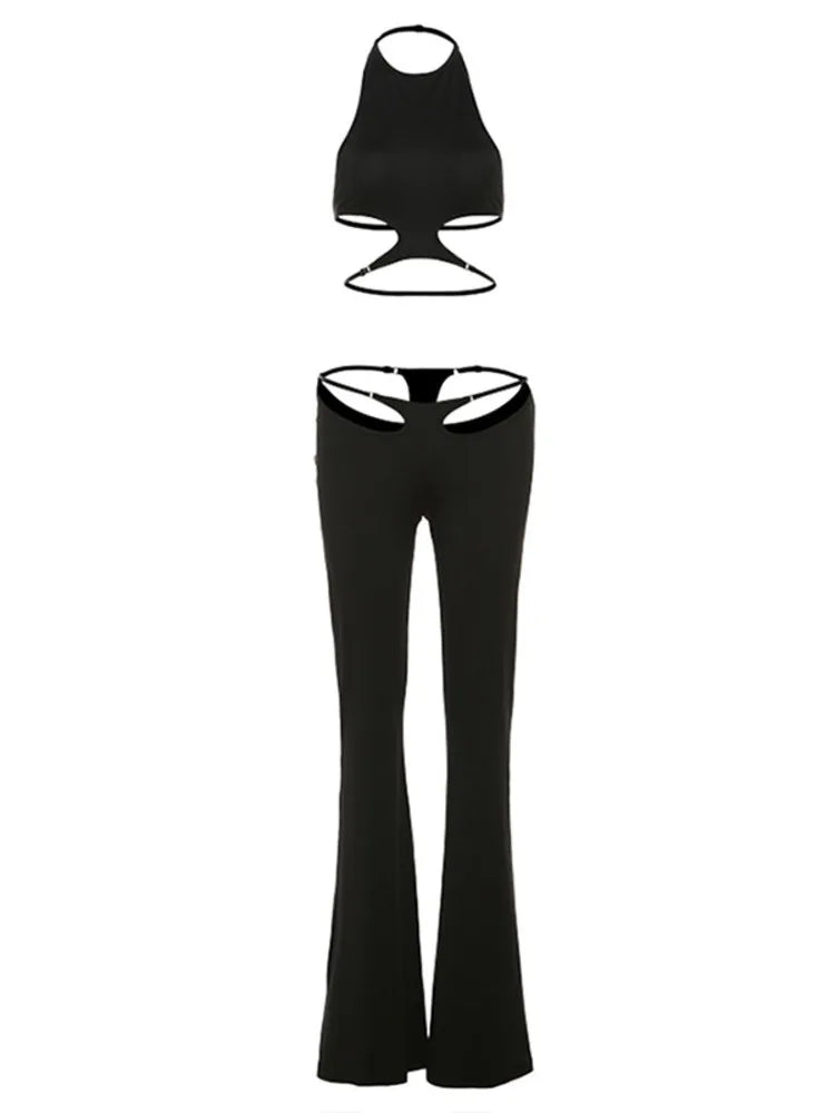 Articat Sexy Vest Top Long Pants Tight Two-piece Set For Women 2024 Autumn New Slim Female Lace Up Set Fashionable Streetwear