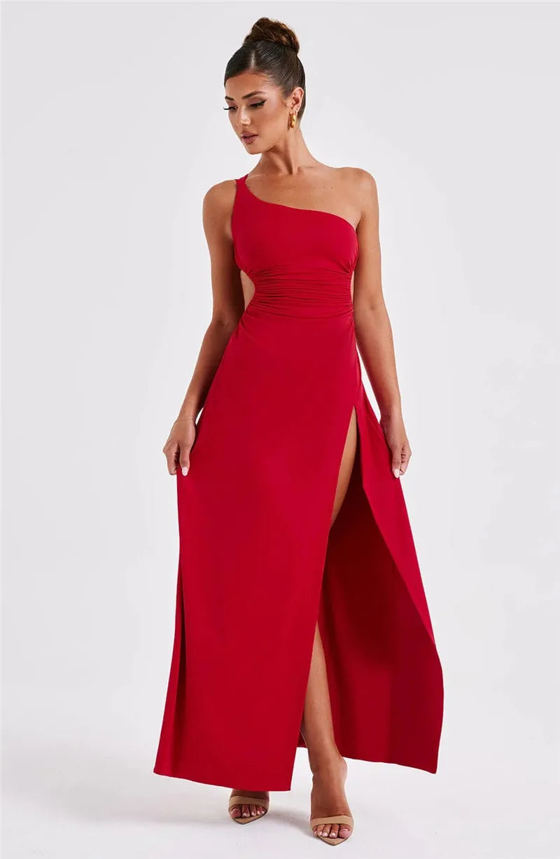 One Shoulder Diagonal Collar Backless Sexy Maxi Dress For Women Robe Fashion Off-shoulder Sleeveless High Split Dress