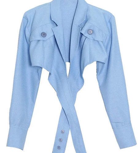 Solid Spliced Lace Up Shirt For Women Lapel Long Sleeve Patchwork Buttons Casual Short Blouse Female Fashion Style