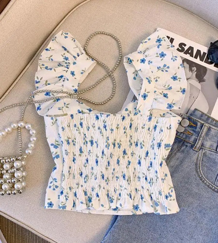 Vintage Women Blue Yellow Floral Elegant Square Neck Slim Bow Slip Tops Summer Sweet Flying Sleeves Short Vest New Boho Clothing