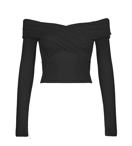 Fashion Fold Skinny Autumn T-shirt Ladies Basic Off Shoulder Top Solid Criss-Cross Casual Elegant Women Tee Clothing