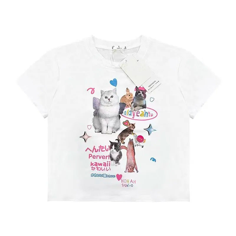 Y2k Aesthetics Crop Top Kawaii Cat Print T-shirt 2000s Cute Kitty Short Sleeve Tee Shirt Harajuku Fairycore Tshirt Sweet