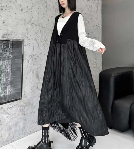Women Black Bandage Pleated Spliced Big Size Midi Dress New V-Neck Sleeveless Fashion Tide Spring Autumn 2025 1DJ077701
