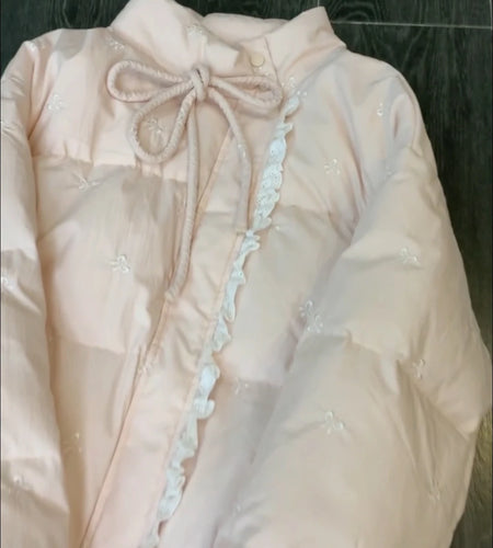 Winter Women's 2024 New Sweet Pink Patchwork Lace Loose Long Sleeved Cotton Jacket French Vacation Bow Bandage Short Coat Trendy