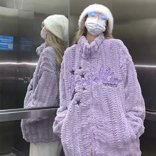 Load image into Gallery viewer, Japanese Embroidery Star Fluffy Women Coats Fashion Sweet Y2k Aesthetic Oversized Jackets Grunge Casual Loose Zipper Purple Coat
