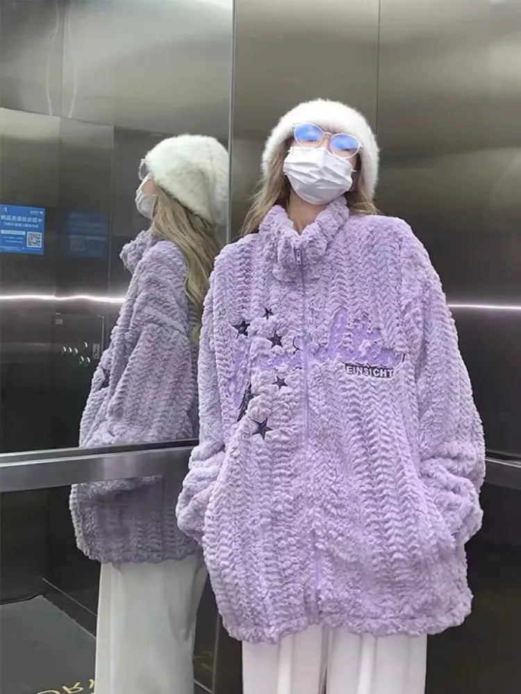 Japanese Embroidery Star Fluffy Women Coats Fashion Sweet Y2k Aesthetic Oversized Jackets Grunge Casual Loose Zipper Purple Coat