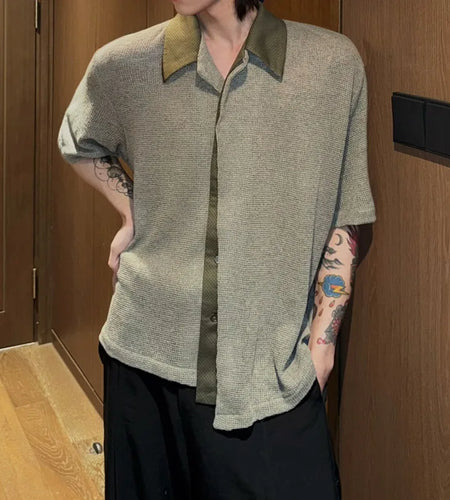 Men's Shirts Short Sleeve New Korean Summer Spliced Contrast Color Design Turn-down Collar Single Breasted Top 9W1729