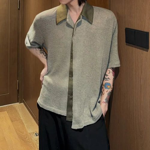 Load image into Gallery viewer, Men's Shirts Short Sleeve New Korean Summer Spliced Contrast Color Design Turn-down Collar Single Breasted Top 9W1729
