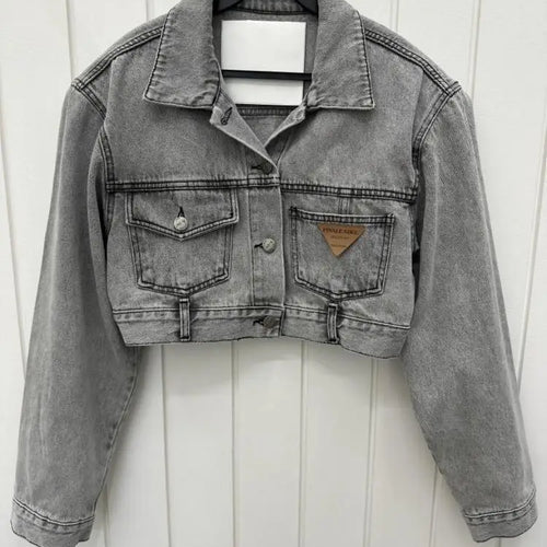 Load image into Gallery viewer, Retro Grey Crop Denim Jacket Women Long Sleeve 2023 Autumn Street Korean Fashion High Waist Jean Coat Ladies Festival Outerwear
