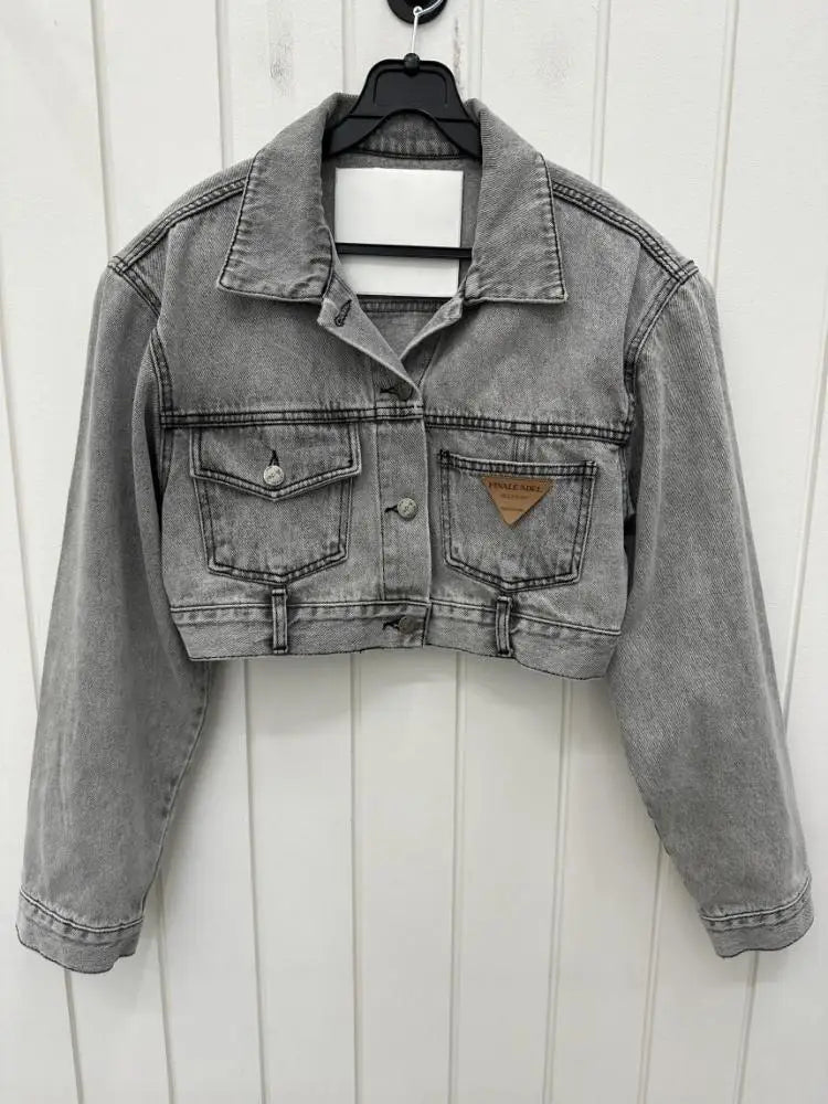 Retro Grey Crop Denim Jacket Women Long Sleeve 2023 Autumn Street Korean Fashion High Waist Jean Coat Ladies Festival Outerwear